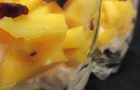 Jogurto, mango ir spanguolių desertas